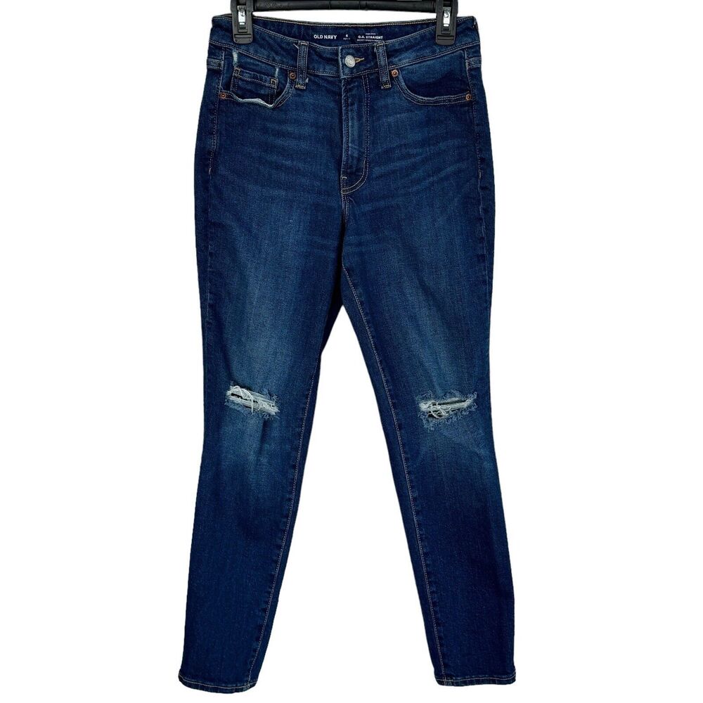 Old Navy Petite SZ 6P O.G. Straight Jeans Hi-Rise Zip-Fly Distressed Dark Wash